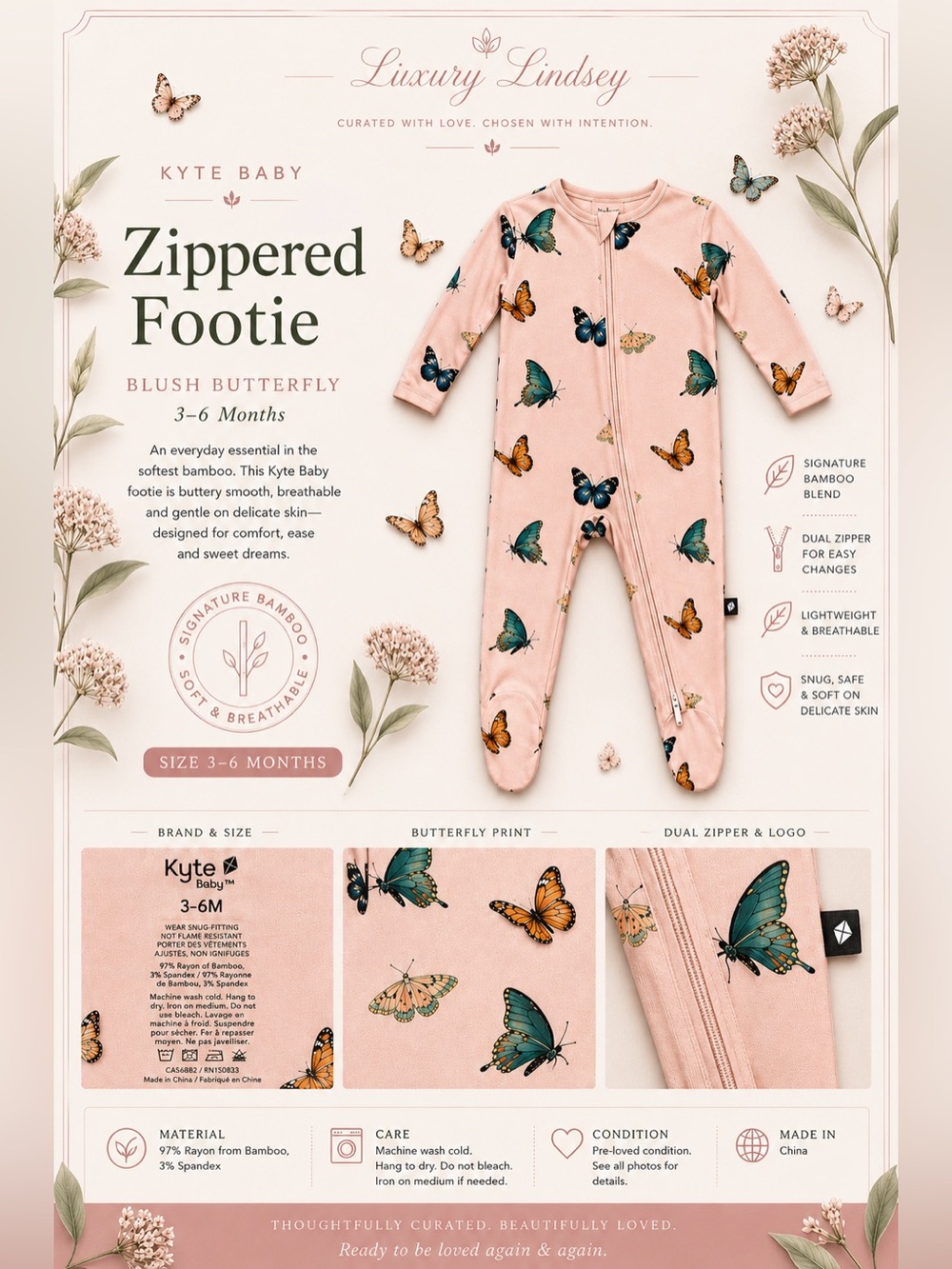 Kyte BABY Blush Butterfly Zippered Footie | 3–6 Months
